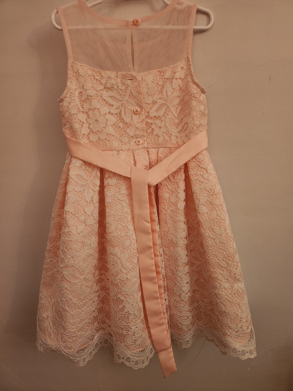 Jona Michelle Soft Pink/Peach Lace Floral w/ Sash & Bow, Size 5, NWOT - Picture 5 of 6